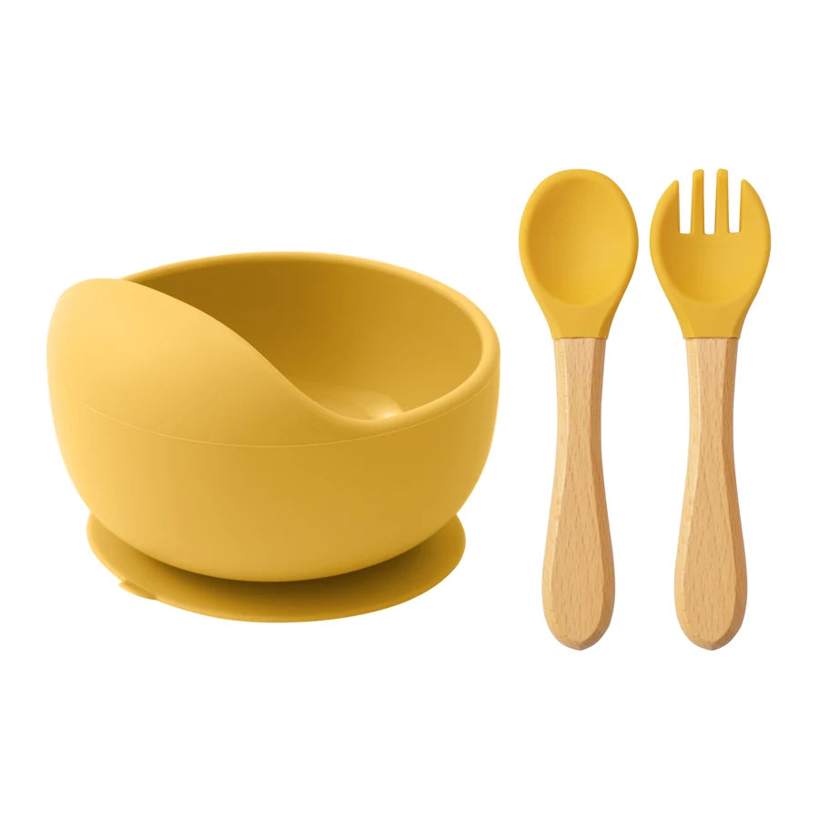 3-PCS Baby Silicone Feeding Set Toddler Bowl Spoon Fork