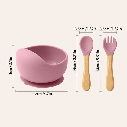 3-PCS Baby Silicone Feeding Set Toddler Bowl Spoon Fork