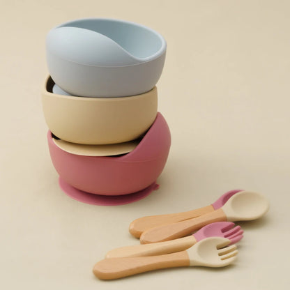 3-PCS Baby Silicone Feeding Set Toddler Bowl Spoon Fork