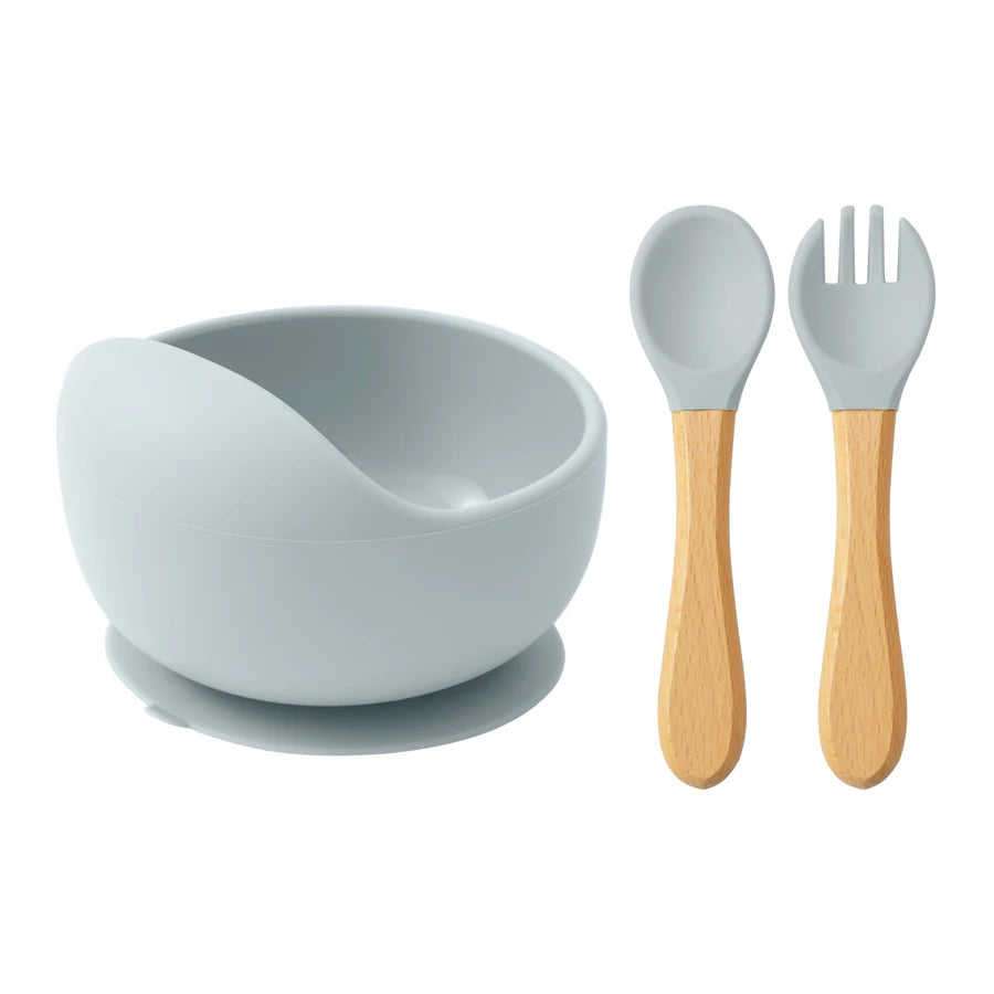 3-PCS Baby Silicone Feeding Set Toddler Bowl Spoon Fork