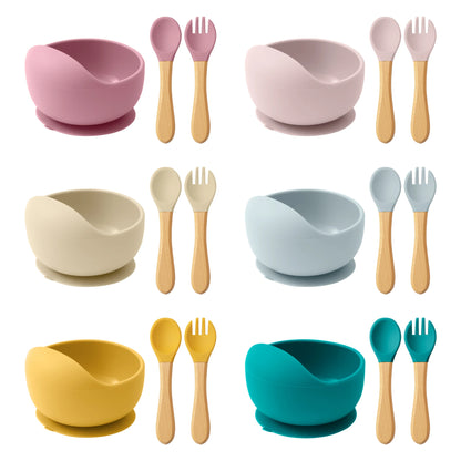 3-PCS Baby Silicone Feeding Set Toddler Bowl Spoon Fork
