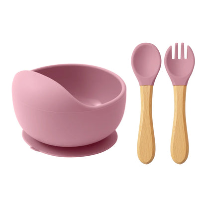 3-PCS Baby Silicone Feeding Set Toddler Bowl Spoon Fork