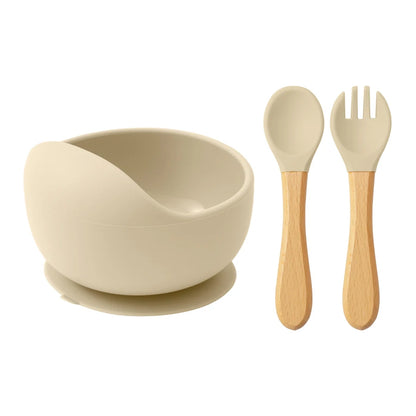 3-PCS Baby Silicone Feeding Set Toddler Bowl Spoon Fork