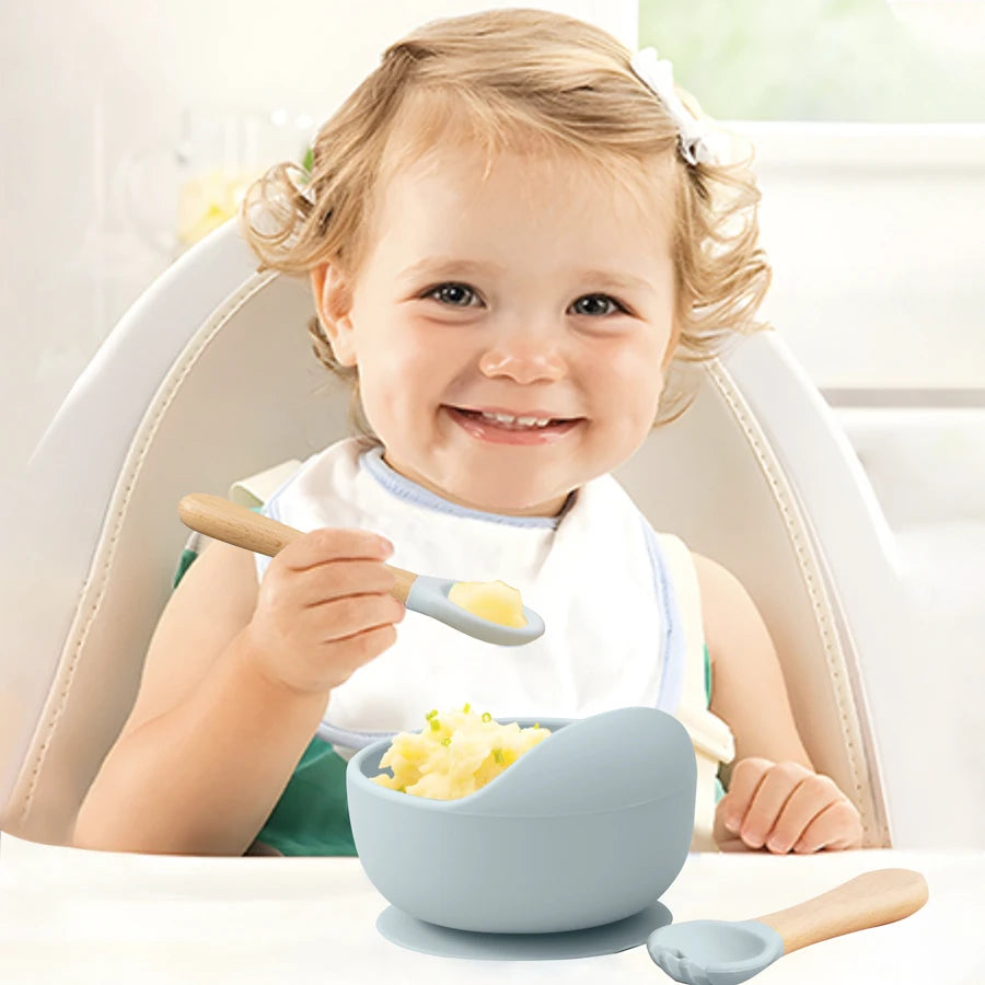 3-PCS Baby Silicone Feeding Set Toddler Bowl Spoon Fork