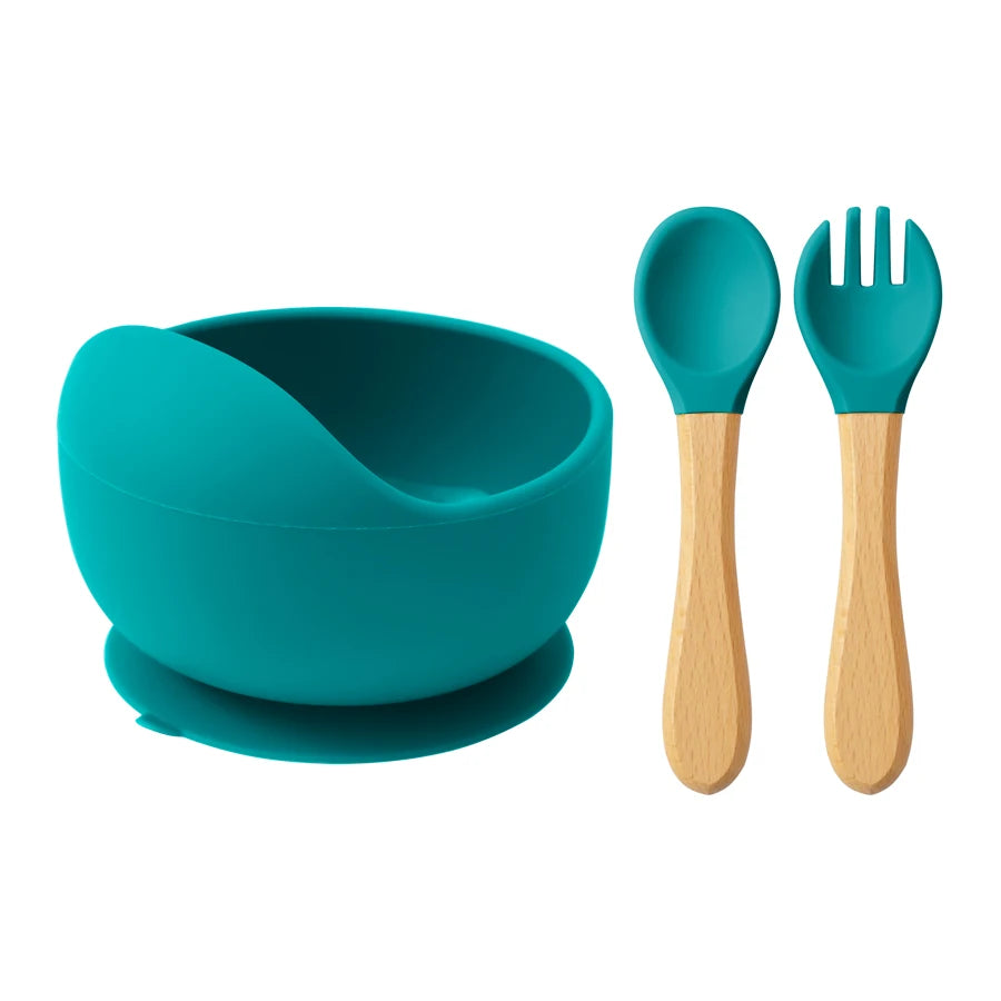 3-PCS Baby Silicone Feeding Set Toddler Bowl Spoon Fork