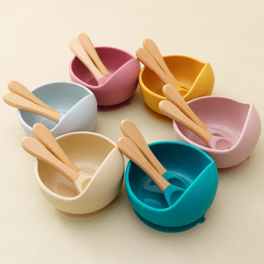 3-PCS Baby Silicone Feeding Set Toddler Bowl Spoon Fork